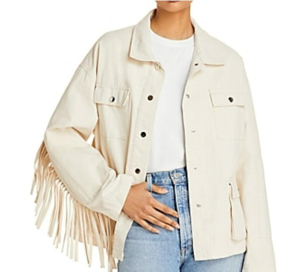 Aqua Jacket Women's XS Off White Fringe Western Shacket Utility Snap Cotton New